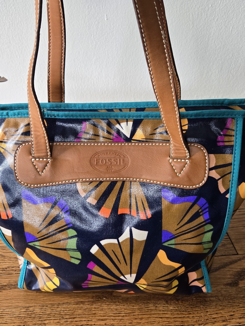 Fossil Floral-Print Navy Tote with Tan Leather Trim